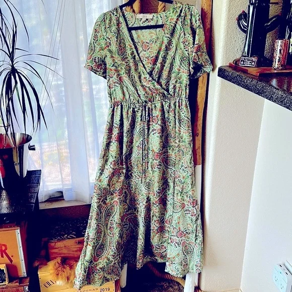 LOFT Dresses Loft Green Paisley Midi Tie Stretch Waist Wrap